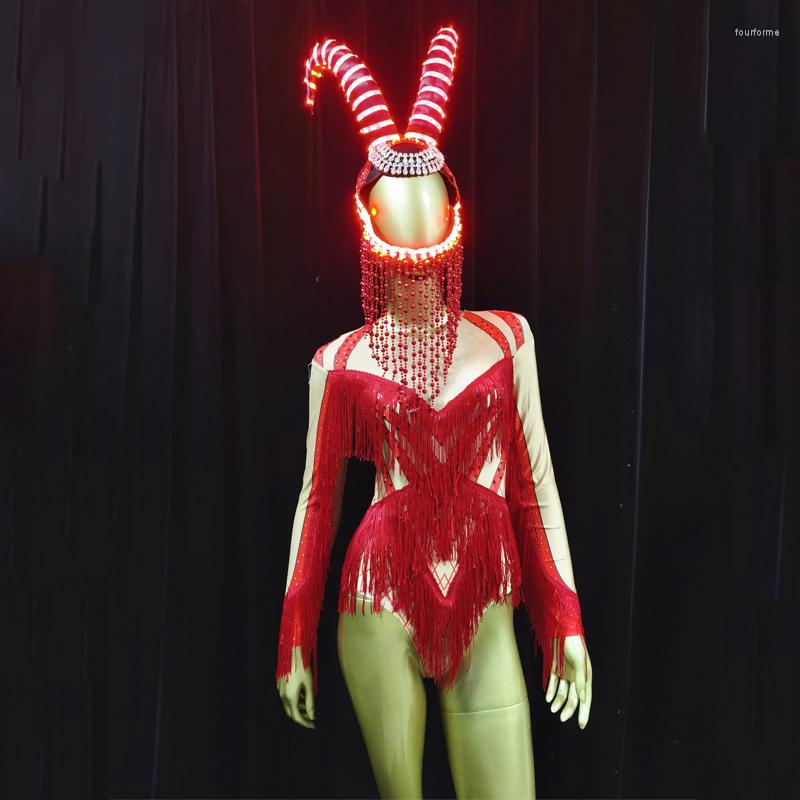 Stage Wear Modern Dance Red Fringe Jumpsuit Nightclub Female Singer Horn Beads Tassel Led Light Headgear Rave Outfits DWY5675
Stage Wear Modern Dance Red Fringe Jumpsuit Nightclub Female Singer Horn Beads Tassel Led Light Headgear Rave Outfits DWY5675