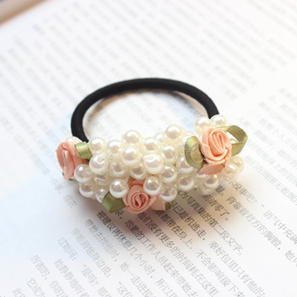 Women Ribbon Flower Pearls Hair Rope Handmade Elastic Beaded Ponytail Holders Hair Ties For Women And Girls Hair Accessories 1653