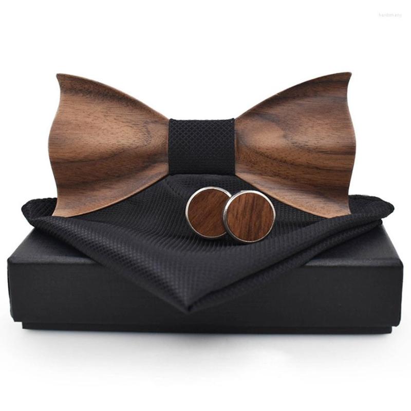 Bow Ties Wooden Tie Set Cufflinks Handkerchief Bowtie Men Necktie Black Cravate Homme Papillon Corbatas Pajarita For Mens Wedding