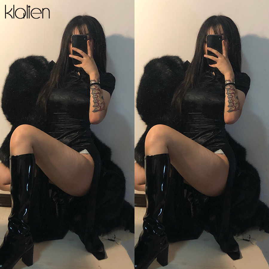 Casual Dresses KLALIEN Black Monochrome Printing Satin Traditional Chinese Long Qipao Dress Sexy Split Tang Costume Banquet Woman 230217