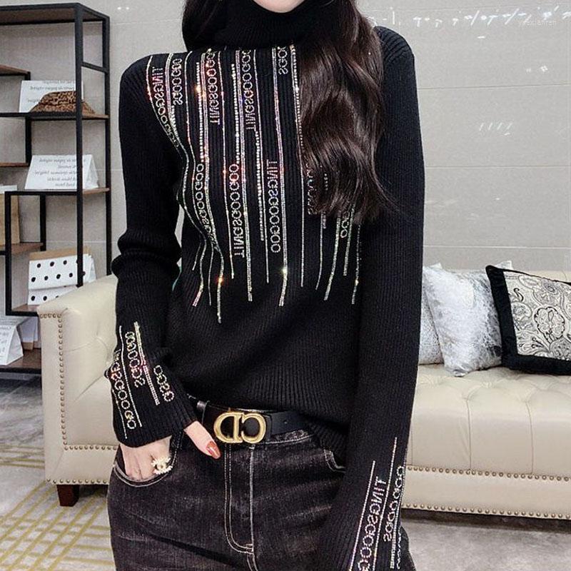 

Women's Sweaters Autumn Winter Fashion Turtleneck Slim Thick Women's Clothing Letter Diamonds Spliced Long Sleeve Knitted Jumpers, Black