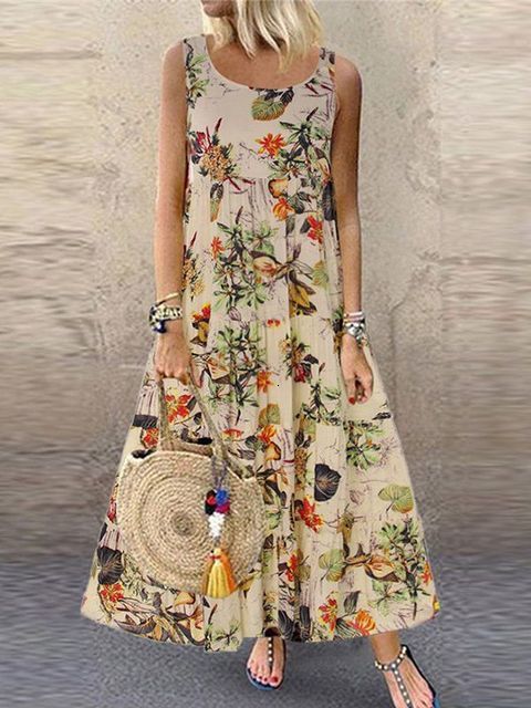 Casual Dresses Floral Print Bohemian Summer Sleeveless O-Neck Cotton Linen Women Boho Holiday Beach S-5XL 230217