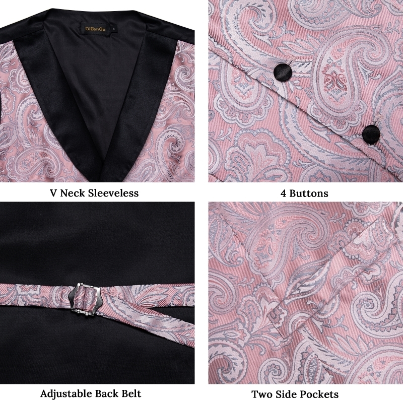 Men's Vests Pink Paisly Suit Set 5 PCS Tuxedo Waistcoat And Tie Pocket Square Cufflinks Clips For Wedding Mens Clothing Blazer 230217