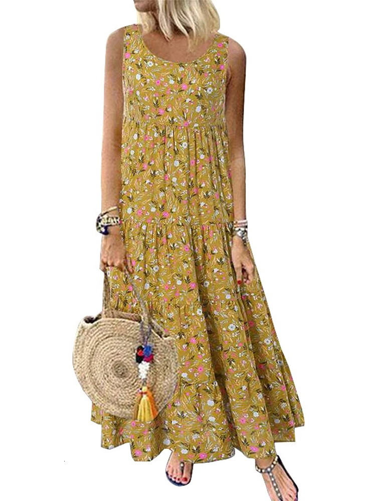 Casual Dresses Floral Print Bohemian Summer Sleeveless O-Neck Cotton Linen Women Boho Holiday Beach S-5XL 230217