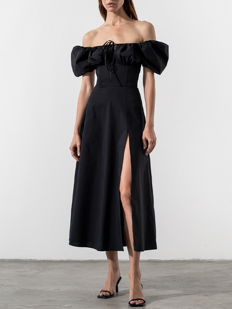 Casual Dresses Asia Puff Sleeve White Off Shoulder Cut out Tie up Side Split Ruched Long robe femme Summer for Women 230217
