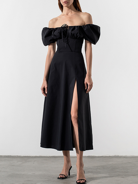 Casual Dresses Asia Puff Sleeve White Off Shoulder Cut out Tie up Side Split Ruched Long robe femme Summer for Women 230217