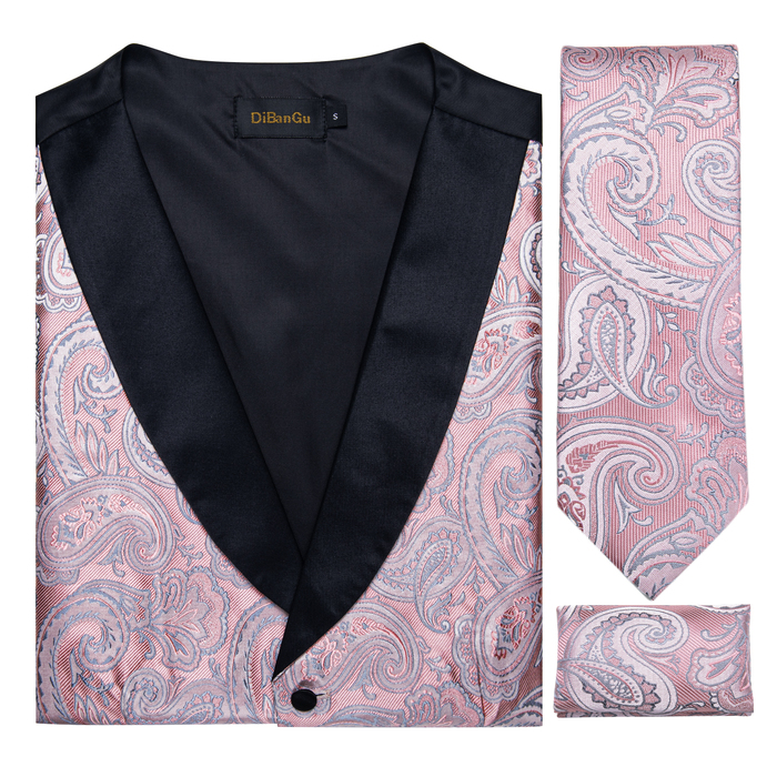 Men's Vests Pink Paisly Suit Set 5 PCS Tuxedo Waistcoat And Tie Pocket Square Cufflinks Clips For Wedding Mens Clothing Blazer 230217