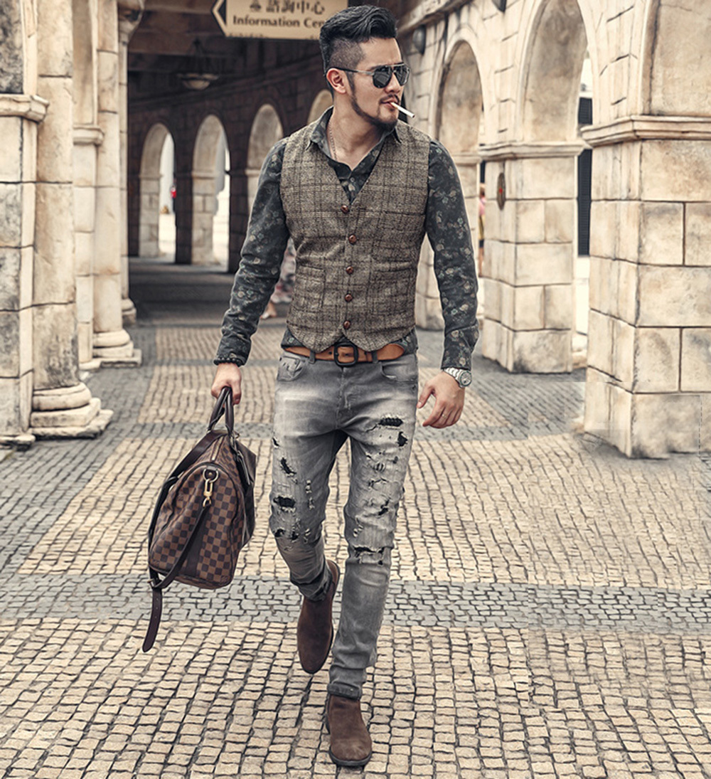 Men's Vests Mens Suit Men Brown Black Waistcoat Vest Man Plaid Steampunk Jacket Striped Tweed V neck Slim Fit Gilet Wedding Clothing 230217