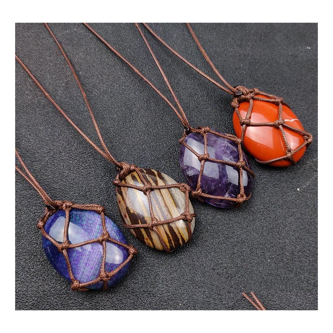 Pendant Necklaces Healing Knitting Woven Oval Stone Blue White Amethyst Crystal Quartz Necklace Rope Chains For Men Women Fashion Je Dh1Kf
Pendant Necklaces Healing Knitting Woven Oval Stone Blue White Amethyst Crystal Quartz Necklace Rope Chains For Men Women Fashion Je Dh1Kf