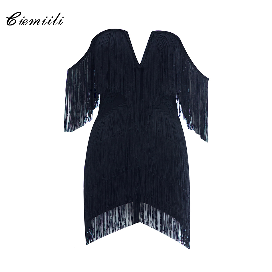 Casual Dresses CIEMIILI Women Fashion Tassel Bandage Dress Sexy V Neck Off Shoulder Bodycon Nightclub Celebrity Female Party Mini 230217