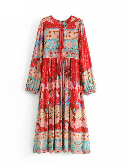 Casual Dresses Vintage Chic Fashion Women Long Sleeve Tassel Red Floral Print Beach Bohemian Maxi Ladies Cotton Pleated Boho Dress Robe 230217