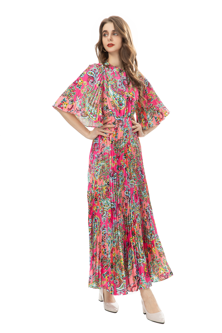Women's Runway Dresses O Neck 3/4 Sleeves Pleated Floral Printed Elegant Fashion Prom Vestidos
