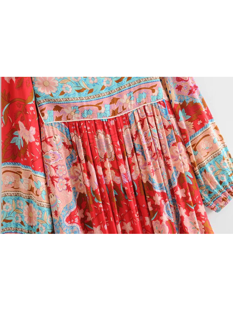 Casual Dresses Vintage Chic Fashion Women Long Sleeve Tassel Red Floral Print Beach Bohemian Maxi Ladies Cotton Pleated Boho Dress Robe 230217