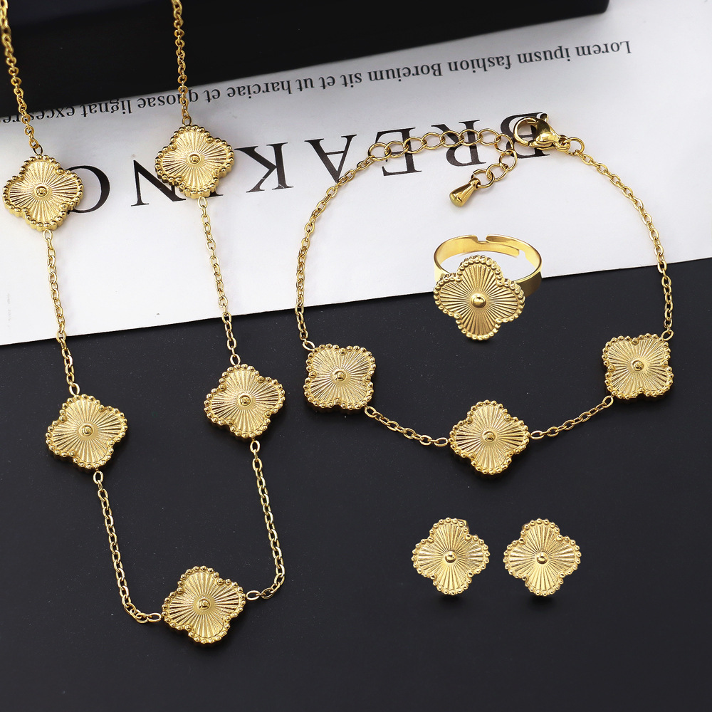 Luxury Gold Clover Charm Bracelet Necklace Earring Ring Jewelry Set for Women, Golden
Luxury Gold Clover Charm Bracelet Necklace Earring Ring Jewelry Set for Women, Golden
