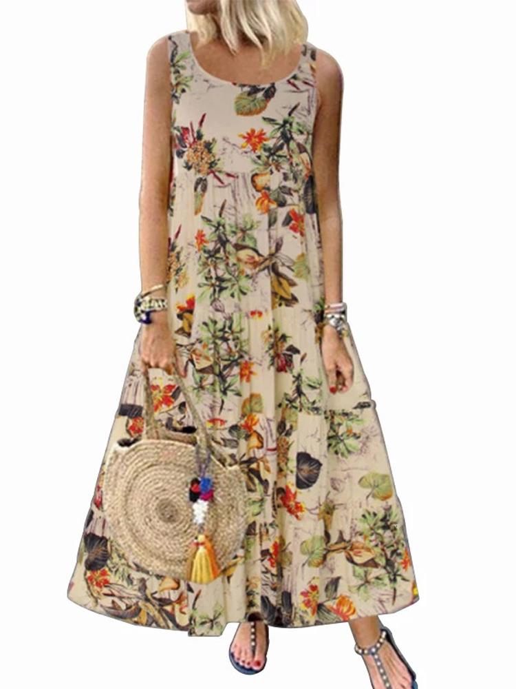 Casual Dresses Floral Print Bohemian Summer Sleeveless O-Neck Cotton Linen Women Boho Holiday Beach S-5XL 230217