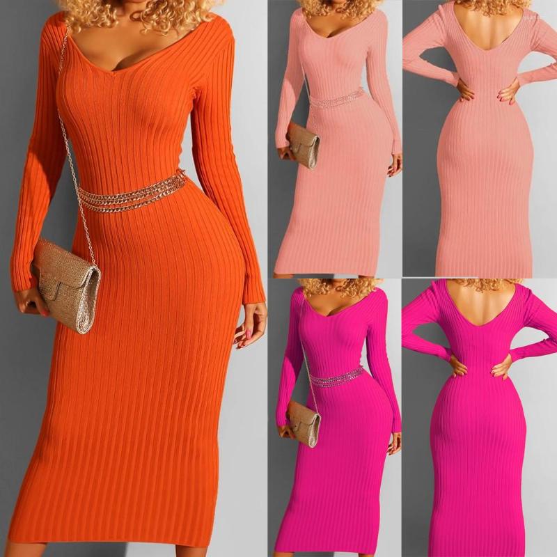 Casual Dresses Women Fashion V-neck Solid Knitted Slim Long Sleeve Mid-calf Dress, Orange
Casual Dresses Women Fashion V-neck Solid Knitted Slim Long Sleeve Mid-calf Dress, Orange