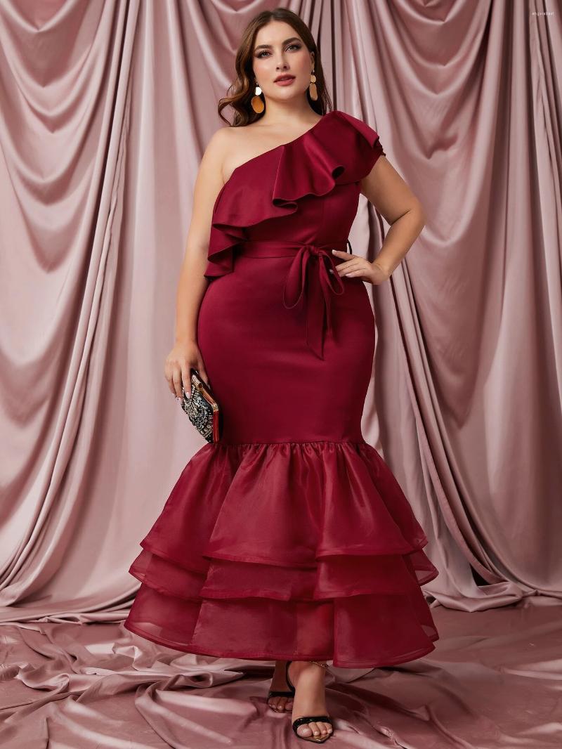 

Plus Size Dresses Party For Women Fashion Oblique Collar Ruffle Fishtail Dress Red Elegant Lady Evening Large 2023
