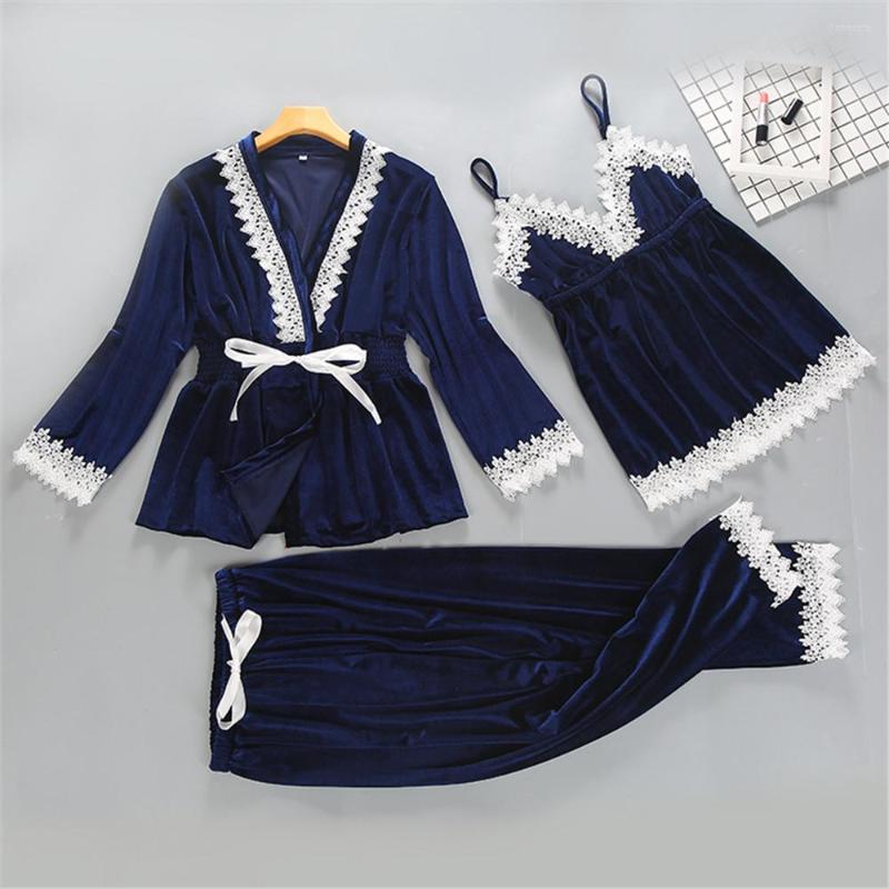 Women's Sleepwear Women Gold Velvet 3PCS Lace Set Autumn Pajama Suit Sexy Trim Nightwear Bride Wedding Robe Sling Long Pants, Navy blue
Women's Sleepwear Women Gold Velvet 3PCS Lace Set Autumn Pajama Suit Sexy Trim Nightwear Bride Wedding Robe Sling Long Pants, Navy blue
