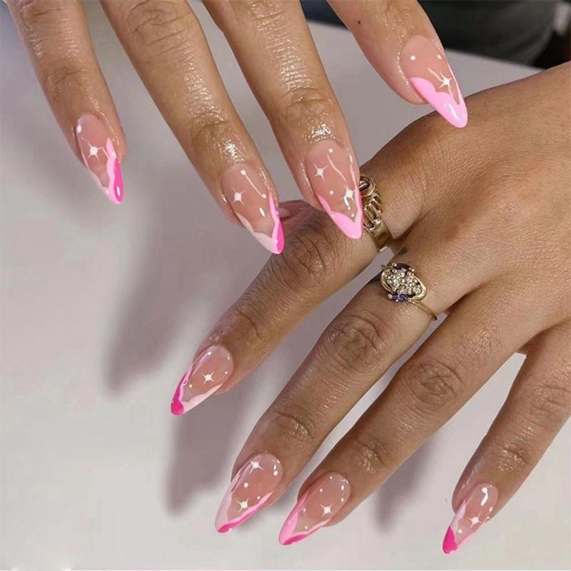 False Nails 24Pcs Fake With Pink Starry Sky Designs Almond Round Press On Nail French Ballerina Art Patch Tips, Only 1sheet nails
False Nails 24Pcs Fake With Pink Starry Sky Designs Almond Round Press On Nail French Ballerina Art Patch Tips, Only 1sheet nails