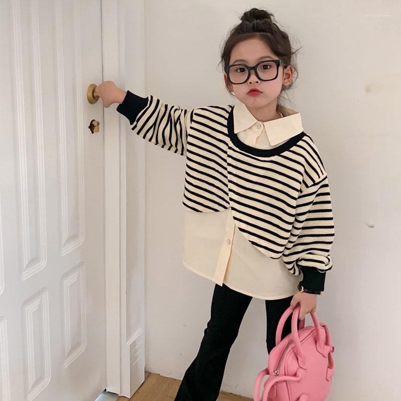 Clothing Sets Korean Children's 2023 Spring Girls' Striped Stitching Fake Two-piece Sweater Design Loose Long-sleeved Top 4-12, Black 
Clothing Sets Korean Children's 2023 Spring Girls' Striped Stitching Fake Two-piece Sweater Design Loose Long-sleeved Top 4-12, Black