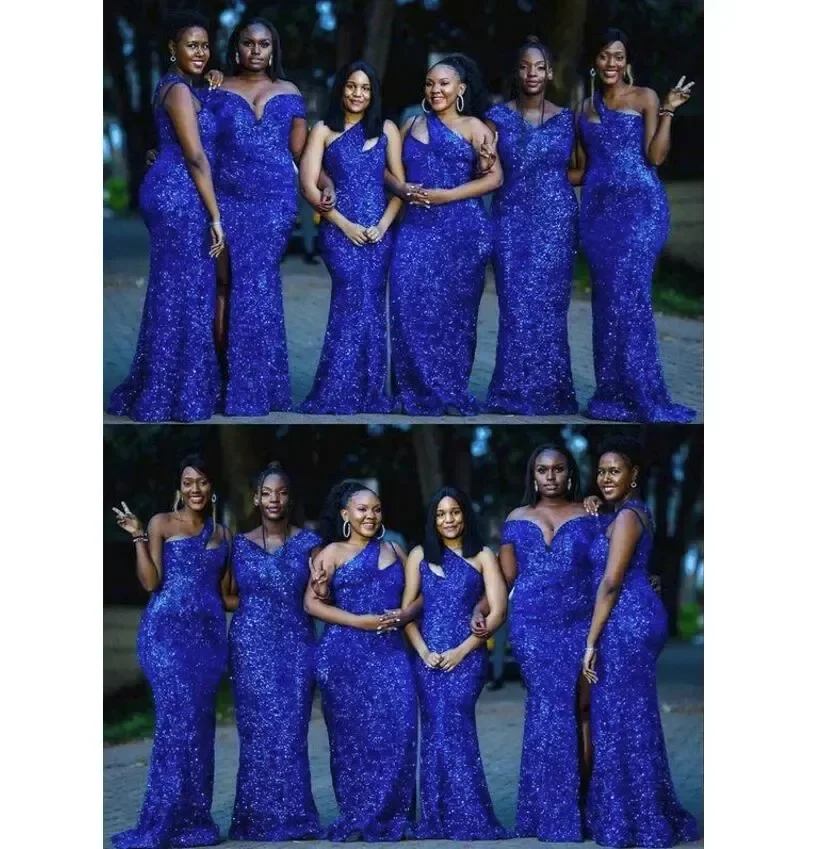 Royal Blue Sequins Bridesmaid Dresses Mermaid Floor Length Sequin One Shoulder Custom Made Plus Size Maid of Honor Gown 2024