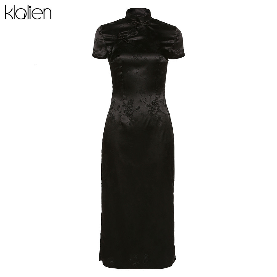 Casual Dresses KLALIEN Black Monochrome Printing Satin Traditional Chinese Long Qipao Dress Sexy Split Tang Costume Banquet Woman 230217