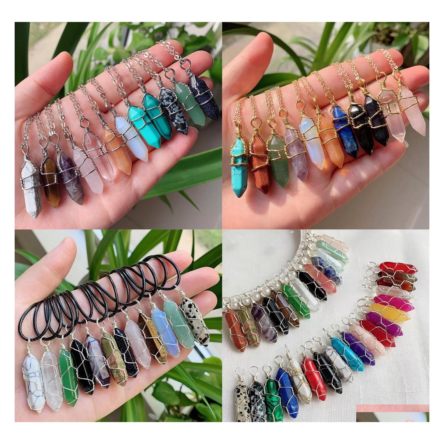 Pendant Necklaces Assorted Stone Pendum Wire Wrap Reiki Healing Crystal Necklace Hexagonal Amethyst Pink Quartz Chakras Pendo Jewelr Dh96P
Pendant Necklaces Assorted Stone Pendum Wire Wrap Reiki Healing Crystal Necklace Hexagonal Amethyst Pink Quartz Chakras Pendo Jewelr Dh96P