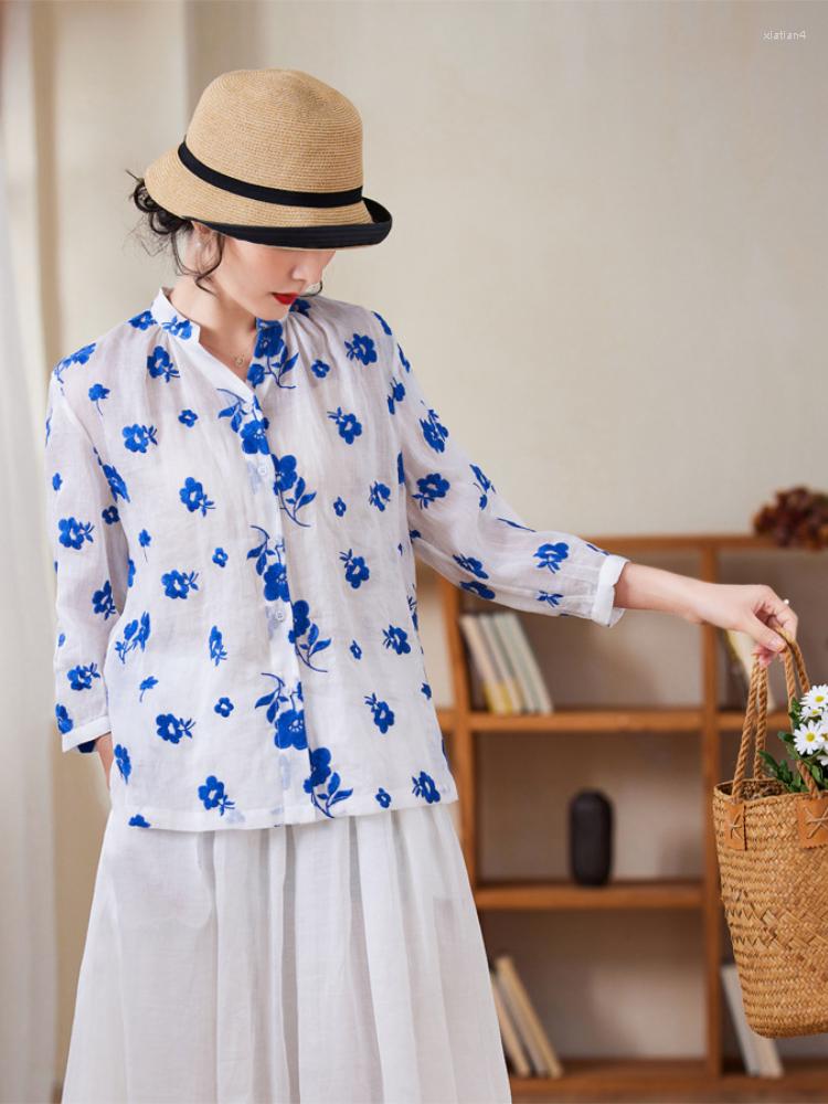 Women's Blouses Flower Elegant Ladies Shirt 2023 Button Blouse Cotton Stand-up Collar Embroidered Literary Retro Seven-part Sleeve Top, Blue flower shirt
Women's Blouses Flower Elegant Ladies Shirt 2023 Button Blouse Cotton Stand-up Collar Embroidered Literary Retro Seven-part Sleeve Top, Blue flower shirt