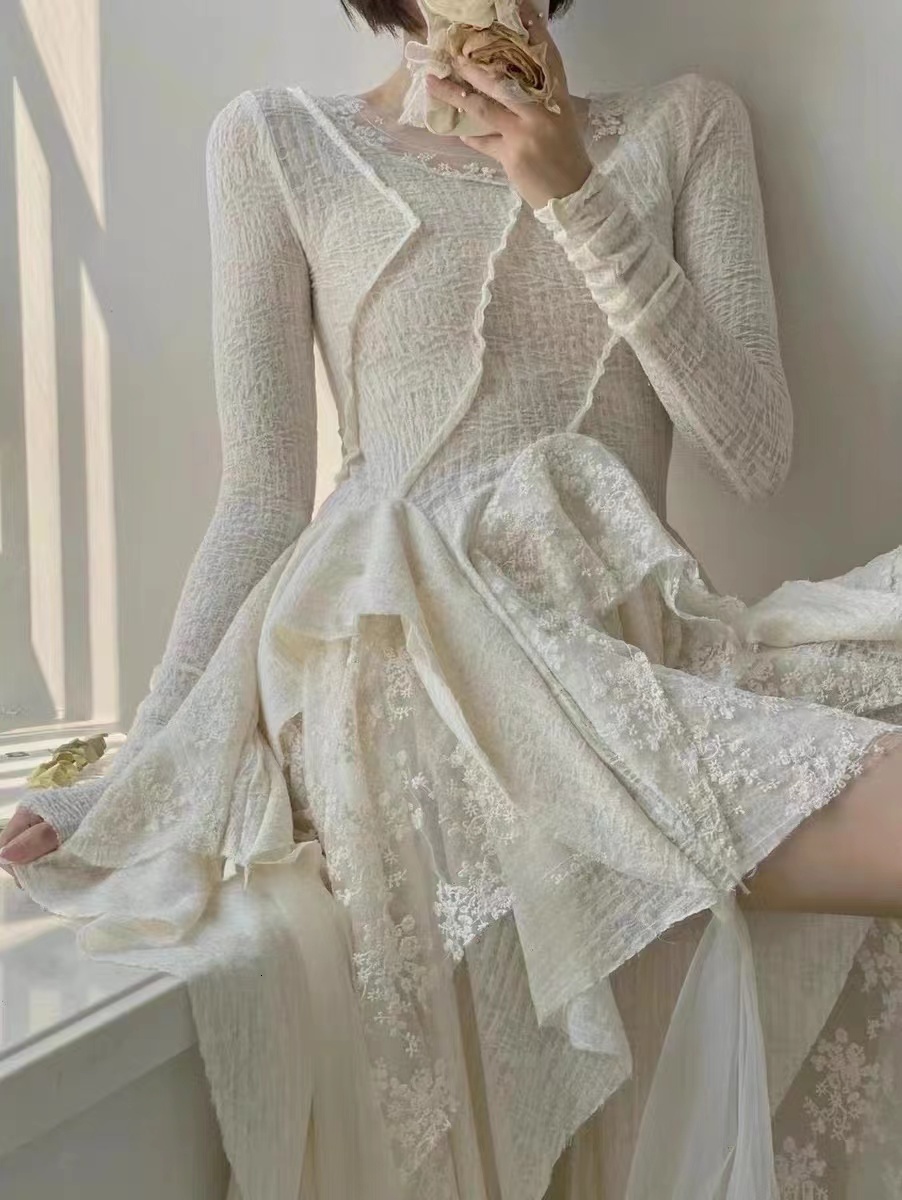 Casual Dresses Spring Summer Gothic Style Boho O-neck Long Sleeve Lace Splicing Irregular Layered Vestidos 230217