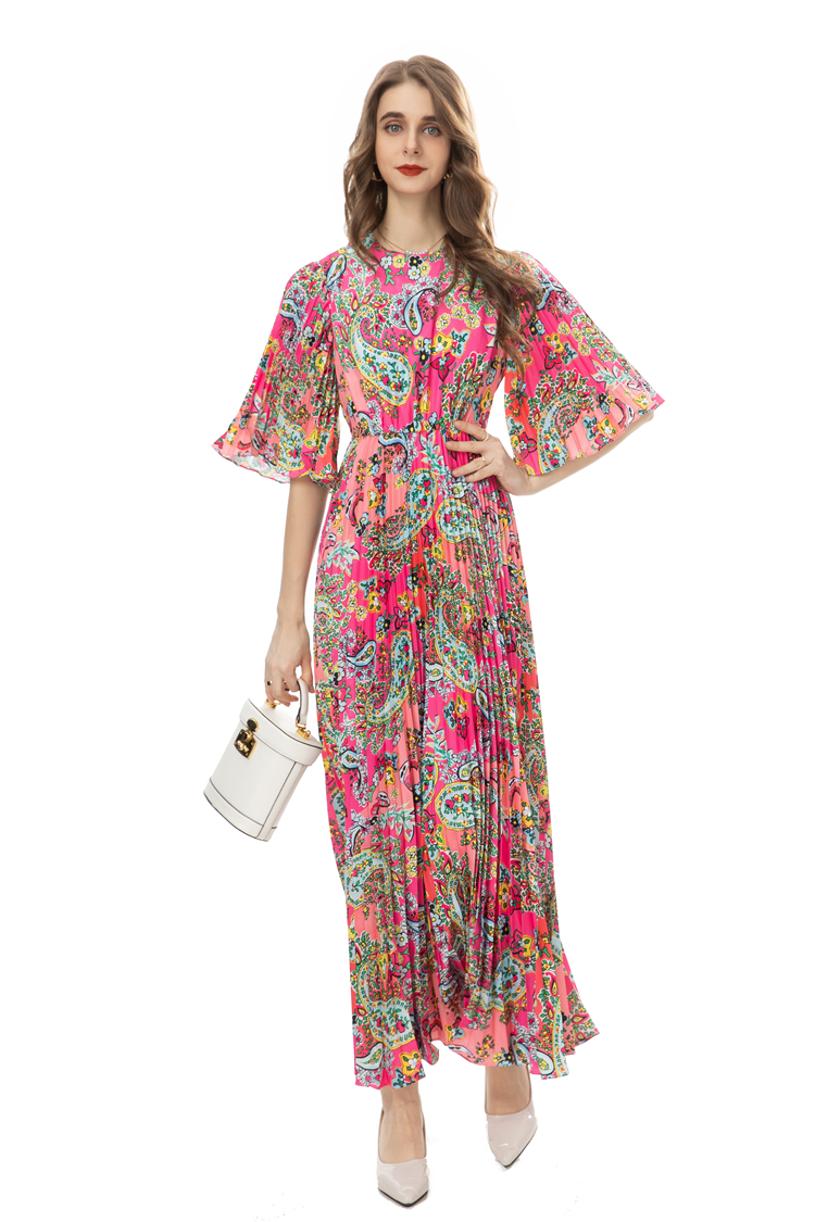 Women's Runway Dresses O Neck 3/4 Sleeves Pleated Floral Printed Elegant Fashion Prom Vestidos