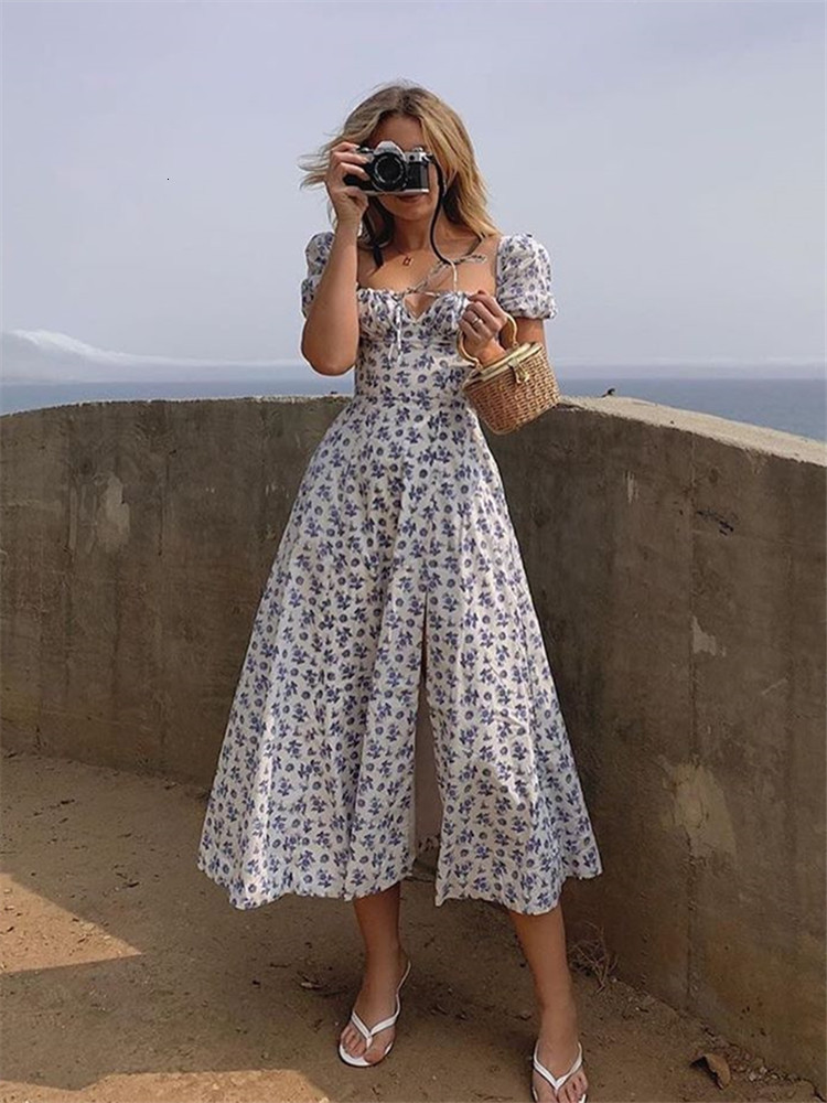 Casual Dresses NCLAGEN Boho Charming Floral Print Vacation Puff Sleeve Slit Vestidos Women Summer Party Club Vintage Long Robe 230217