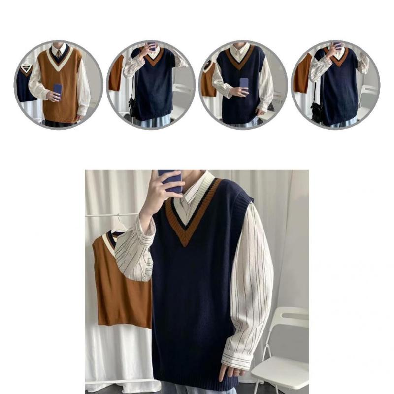 Men's Vests Student Waistcoat Sleeveless Oversized Contrast Colors Great Stitching Vest Sweater For Going OutMen's, Navy blue 
Men's Vests Student Waistcoat Sleeveless Oversized Contrast Colors Great Stitching Vest Sweater For Going OutMen's, Navy blue