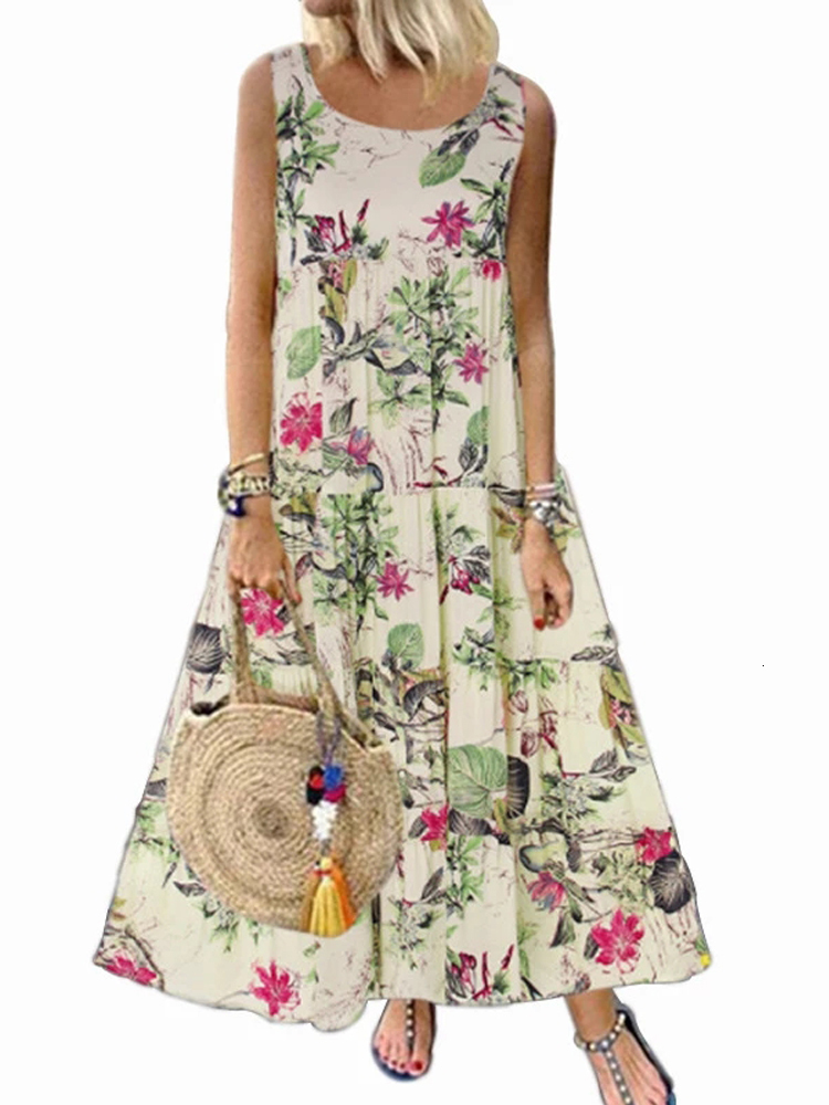 Casual Dresses Floral Print Bohemian Summer Sleeveless O-Neck Cotton Linen Women Boho Holiday Beach S-5XL 230217