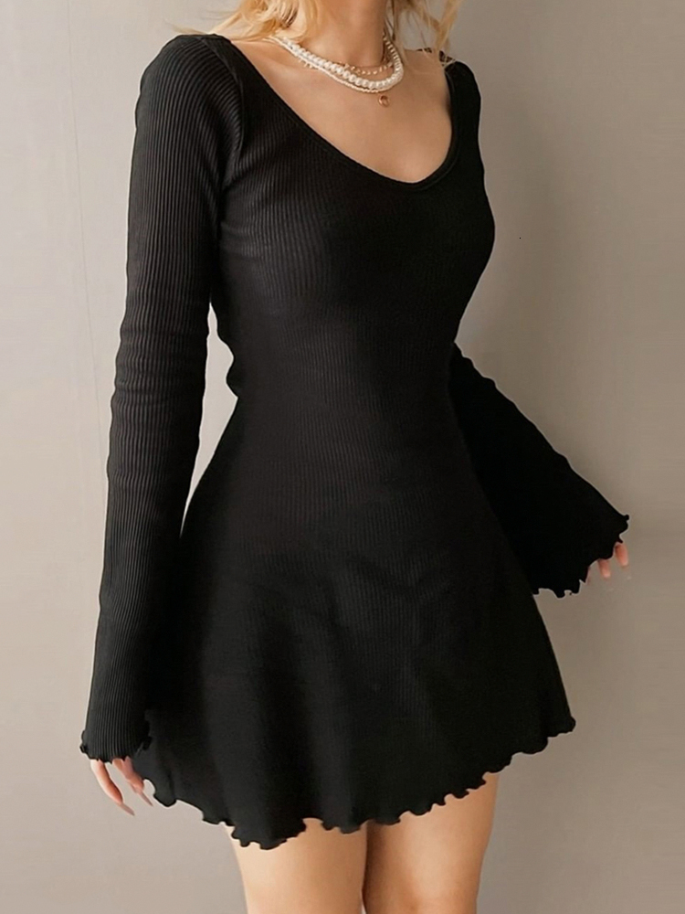 Casual Dresses Weekeep Autumn Party Dress Solid Elegant Flared Full Sleeve Slim Knitted Mini A-line Women Clothing Korean Fashion Lady 230217