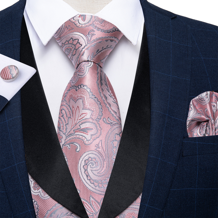 Men's Vests Pink Paisly Suit Set 5 PCS Tuxedo Waistcoat And Tie Pocket Square Cufflinks Clips For Wedding Mens Clothing Blazer 230217