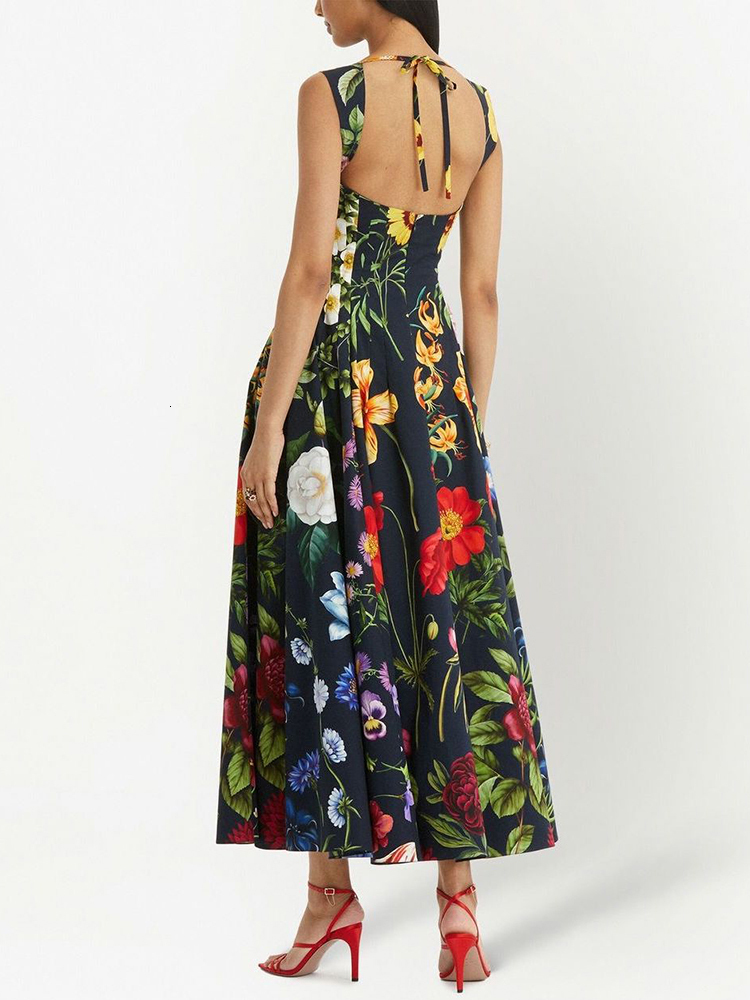 Casual Dresses VGH Vintage Print Floral Dress For Women Square Collar Sleeveless High Waist Backless Colorblock Midi Female Clothes 230217