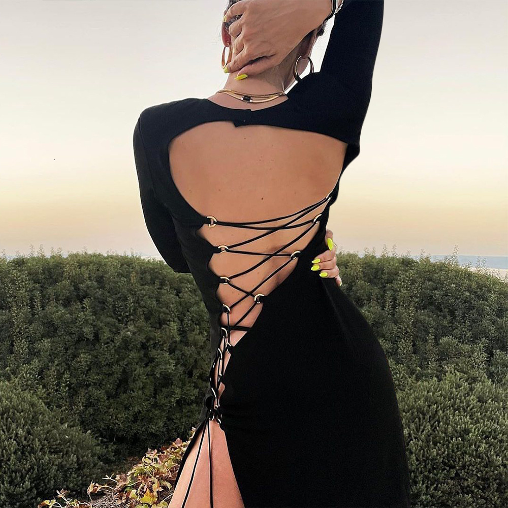 Casual Dresses Cryptographic Fall Fashion Bandage Long Sleeve Sexy Backless Maxi Dress Women Clothing Elegant Club Party Split 230217