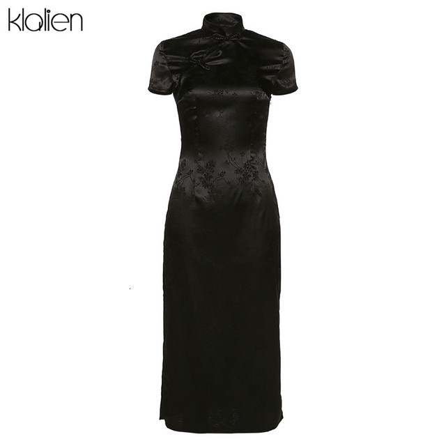 Casual Dresses KLALIEN Black Monochrome Printing Satin Traditional Chinese Long Qipao Dress Sexy Split Tang Costume Banquet Woman 230217