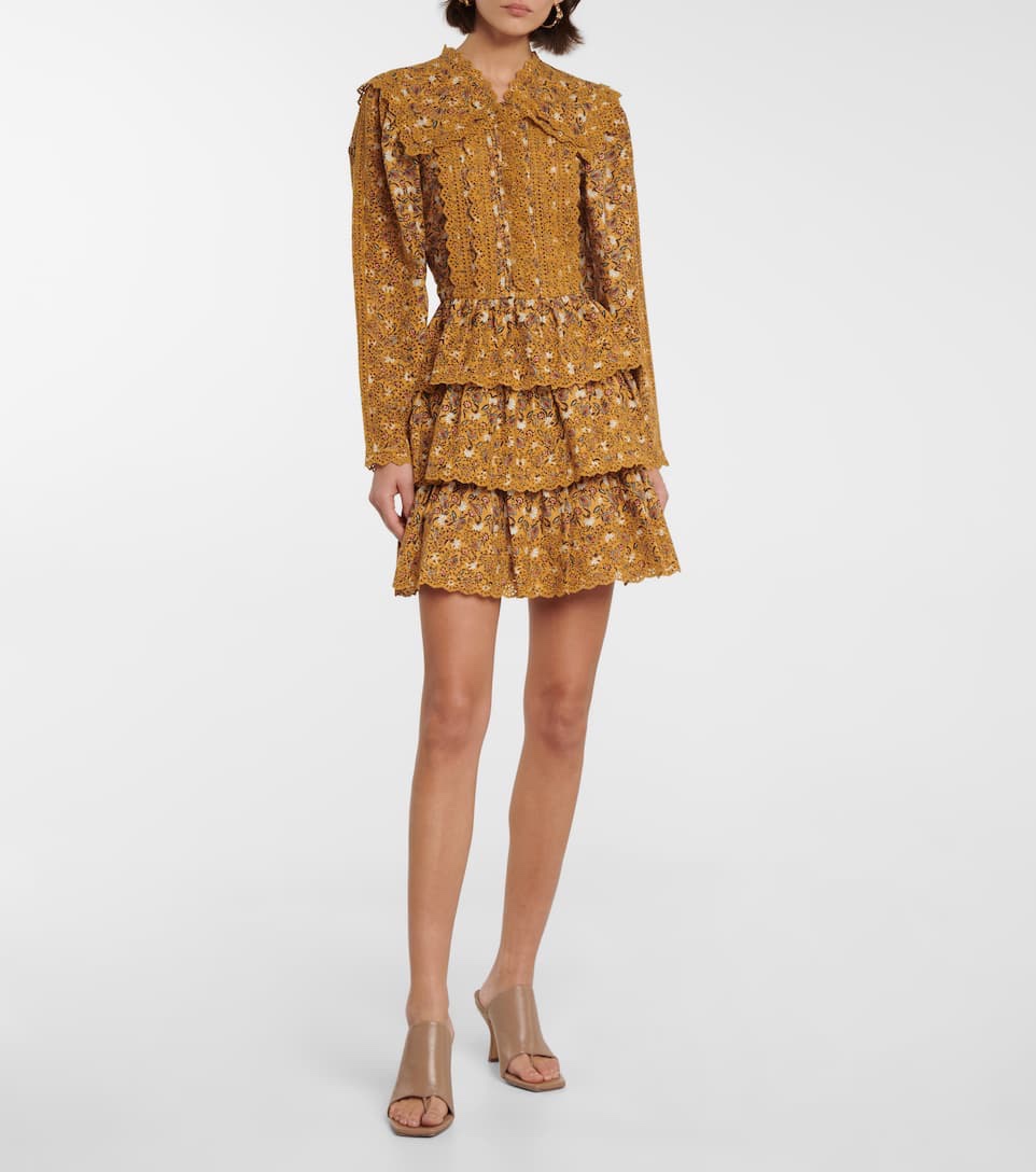 Runway Dress V-neck long Sleeve floral printed mini dress fringed dress, Green