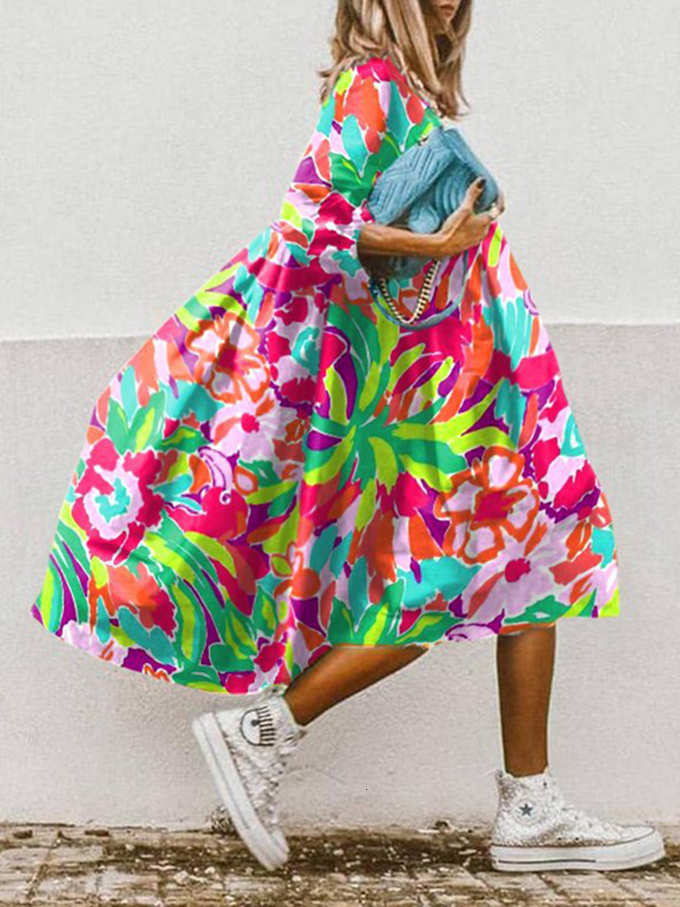 Casual Dresses Women Fashion O Neck Loose Office Party Elegant Floral Printed A-Line Half Sleeved Boho Beach Vestidos 230217