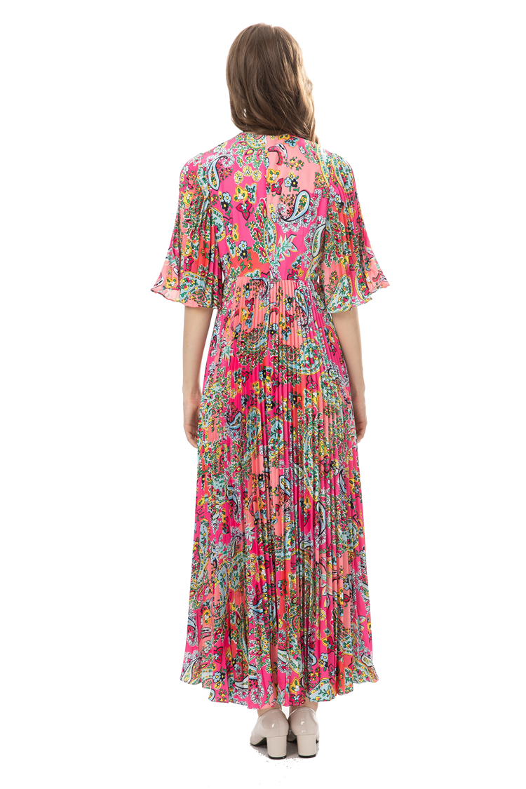 Women's Runway Dresses O Neck 3/4 Sleeves Pleated Floral Printed Elegant Fashion Prom Vestidos