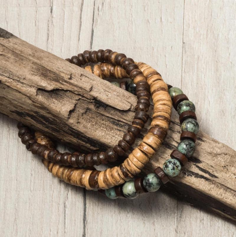 Strand Boho Bracelet Stack Natural Turquoise Beads And Coconut Mens