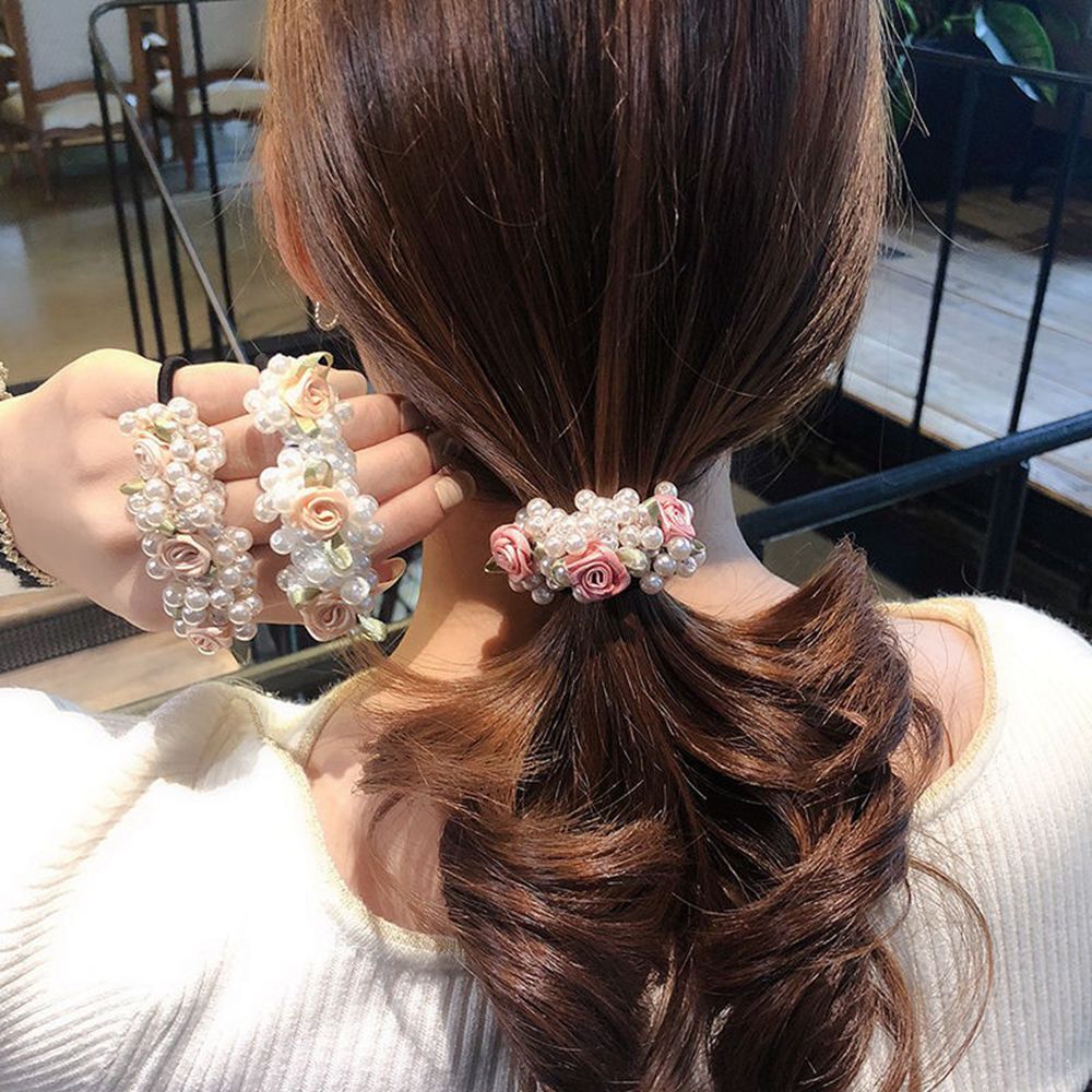 Women Ribbon Flower Pearls Hair Rope Handmade Elastic Beaded Ponytail Holders Hair Ties For Women And Girls Hair Accessories 1653