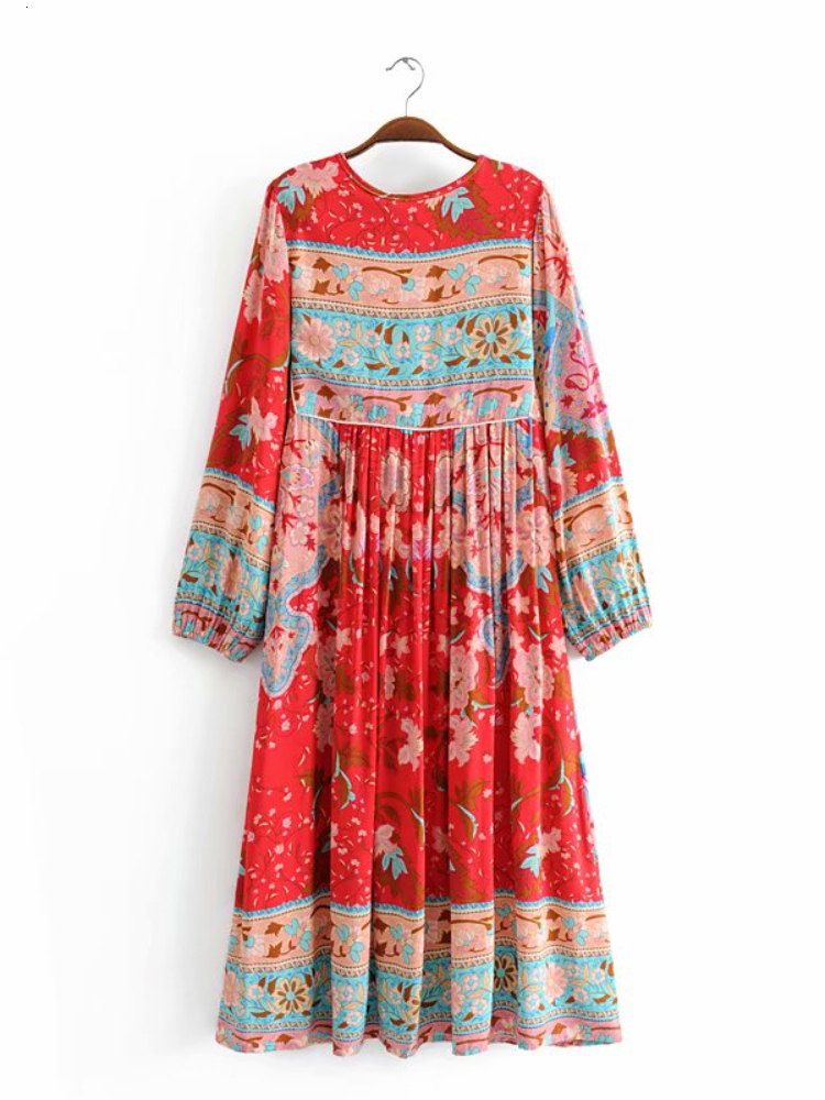 Casual Dresses Vintage Chic Fashion Women Long Sleeve Tassel Red Floral Print Beach Bohemian Maxi Ladies Cotton Pleated Boho Dress Robe 230217