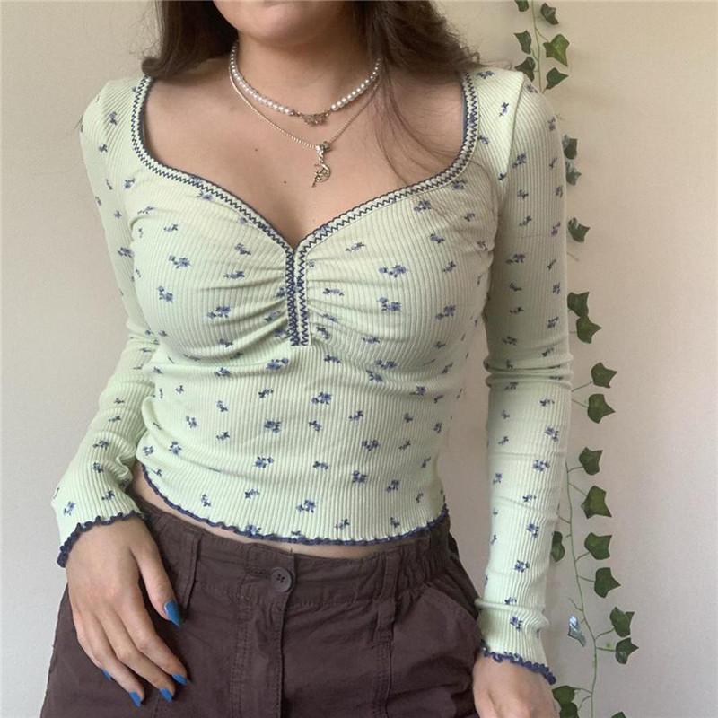 Women' T Shirts Women Casual Fairy Little Flowers Printing T-shirts Low Cut Neck Long Sleeve Ribbed Slim Cropped Pullovers Street Autumn, White
Women' T Shirts Women Casual Fairy Little Flowers Printing T-shirts Low Cut Neck Long Sleeve Ribbed Slim Cropped Pullovers Street Autumn, White