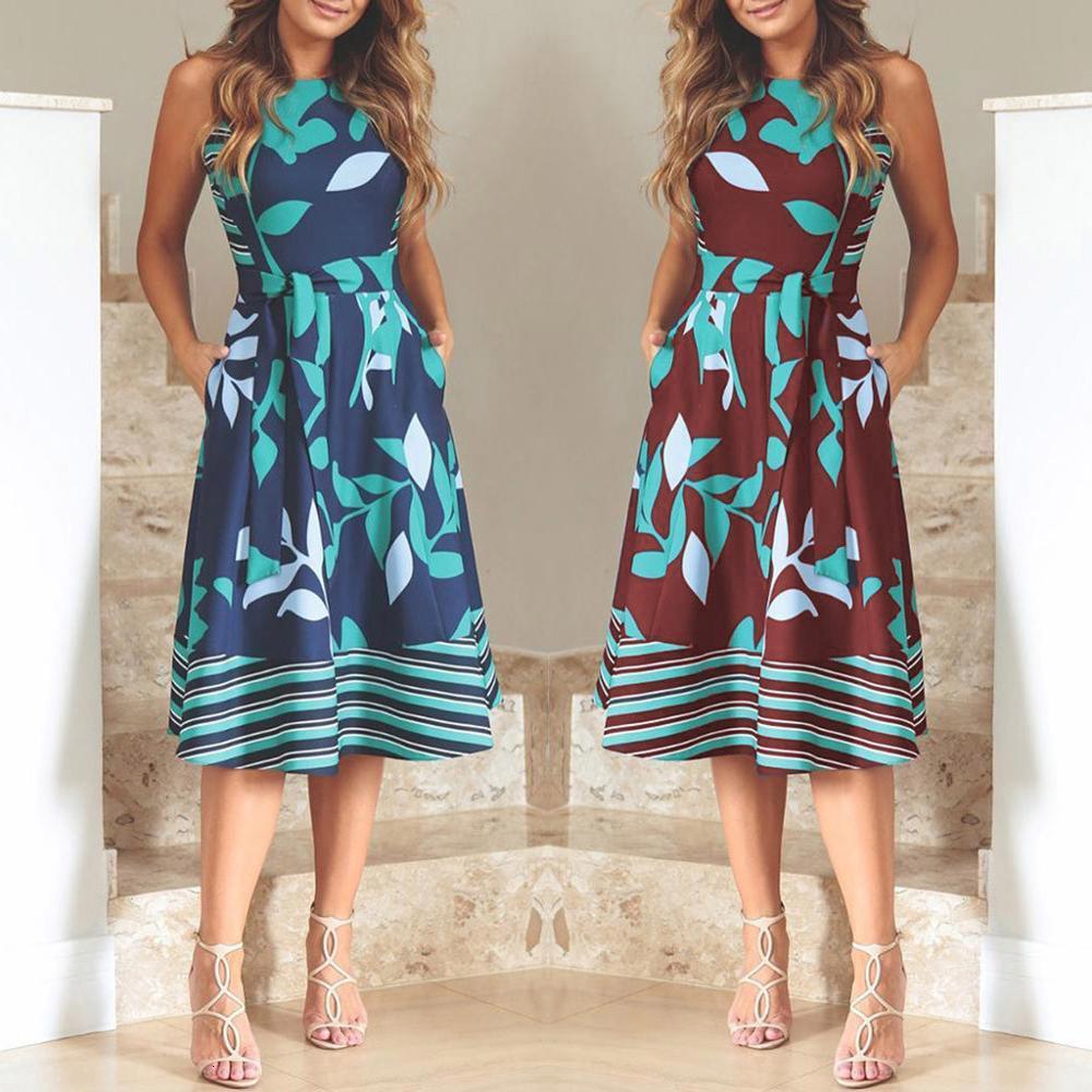 Casual Dresses NEDEINS Women Summer Printed O Neck Sleeveless Boho Sashes A Line Ladies Beach Sexy Robe 230217