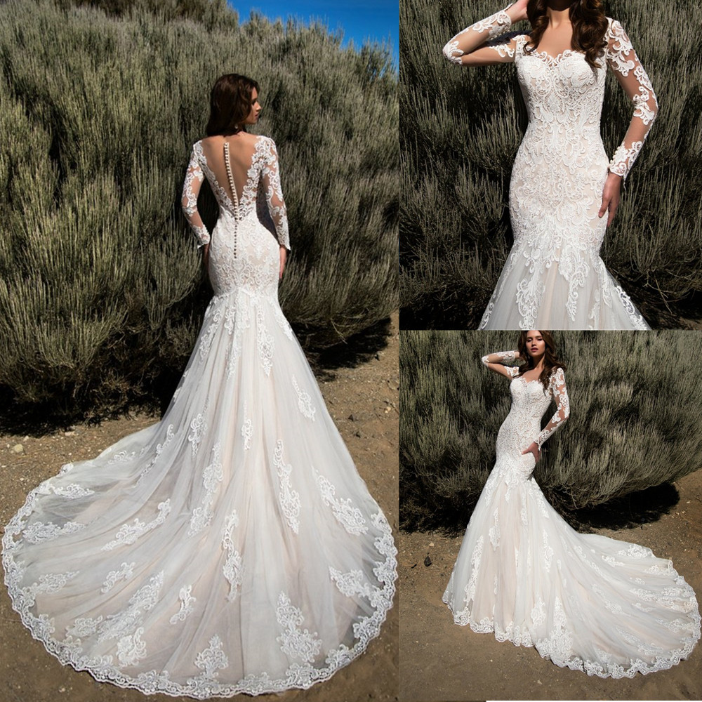 2023 Lace Appliques Wedding Dresses Exquisite Mermaid Dress Bridal Gowns Sweep Train Long Sleeves Weeding Party Dresses