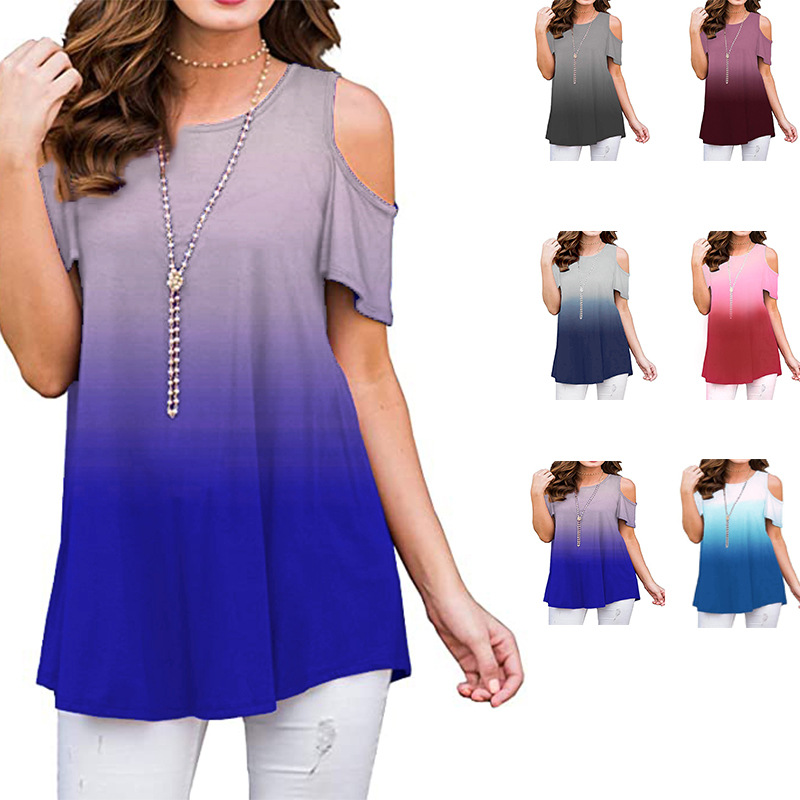 2021 European and American women' new gradient print round neck leaky shoulder short sleeve T-shirt top women, Green
2021 European and American women' new gradient print round neck leaky shoulder short sleeve T-shirt top women, Green