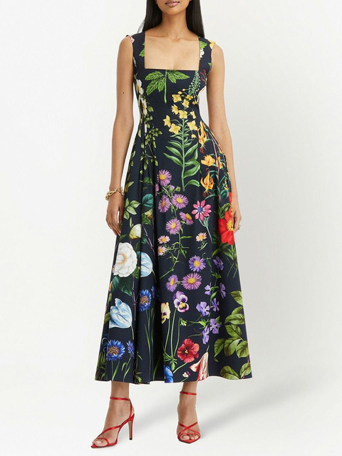 Casual Dresses VGH Vintage Print Floral Dress For Women Square Collar Sleeveless High Waist Backless Colorblock Midi Female Clothes 230217