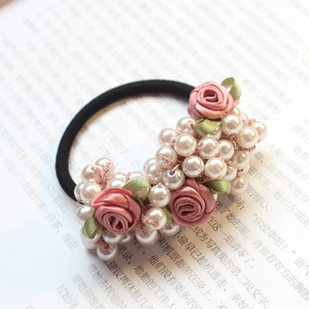 Women Ribbon Flower Pearls Hair Rope Handmade Elastic Beaded Ponytail Holders Hair Ties For Women And Girls Hair Accessories 1653